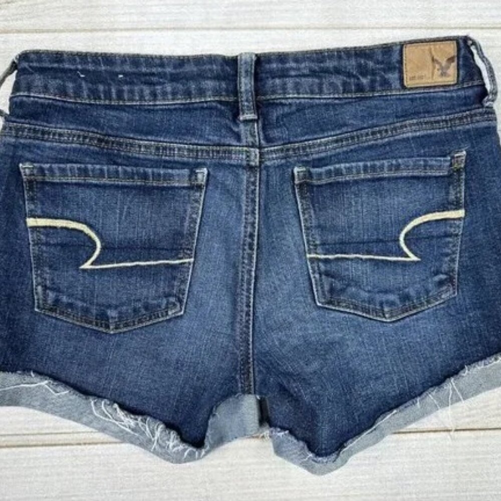 American Eagle Shorts Dark Wash Stretch Denim Cuffed Fringe - Picture 2 of 8